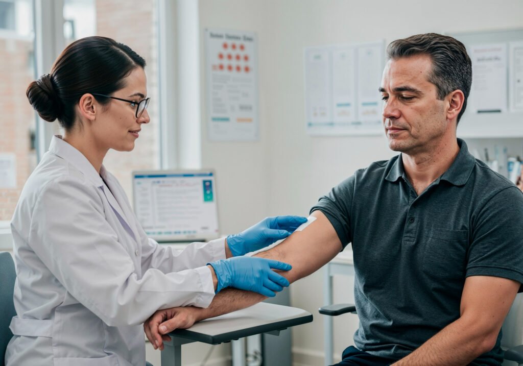A TrustLife phlebotomist collecting a blood sample from a seated patient